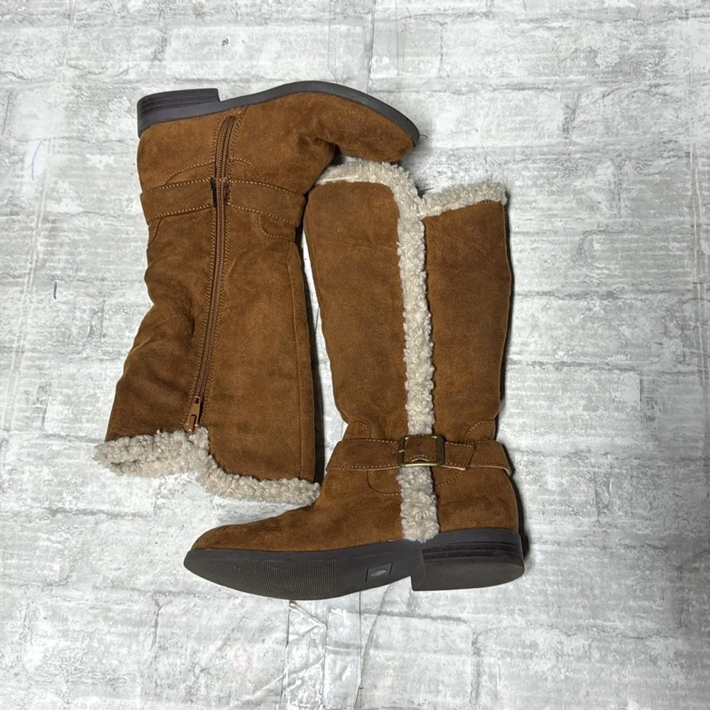 Brown Suede Shearling-trim tall Boots faux suede leather girl sz 1